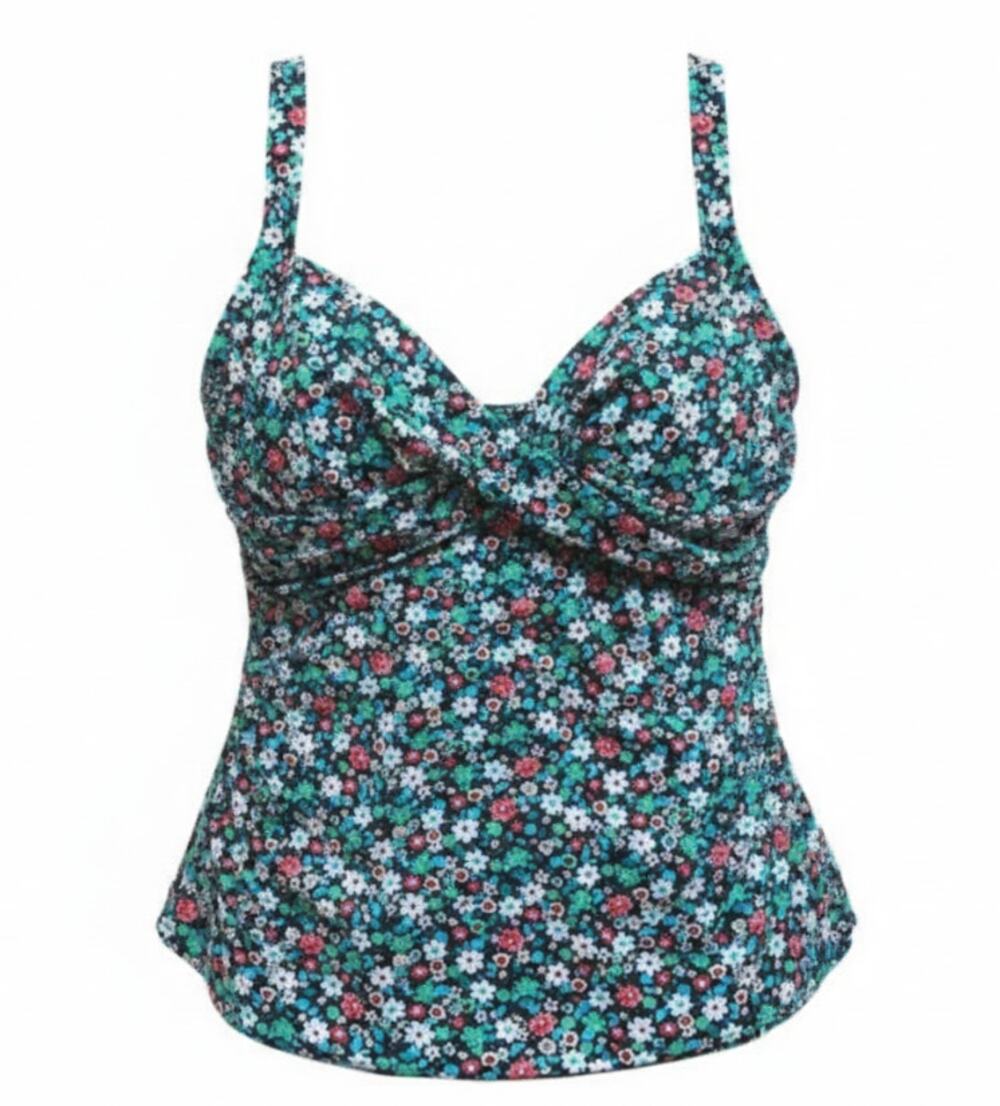 Lands' End Womens Size 10 Floral Print Underwire Tankini Swim Top Black Multi
